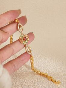 Bohemian Style Round Bead Women'S Fashion Bracelet, 18k Gold-Plated Colored Cubic Zirconia, Elegant Style, Copper Base, Suitable For Daily Wear And Wedding Jewelry, Seasonal Accessories