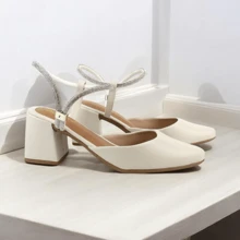 Women's Pumps With Elongated Toe And Rhinestones, Medium Heel 6cm, Black, Nude, Offwhite - trắng - Xem 2