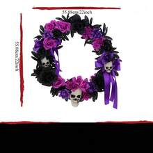 1.83ft Halloween Wreath With Flowers And Skulls, Black/Purple - Purple - View 3