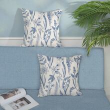 2件装海军蓝花卉图案枕套，春夏装饰抱枕套，野花叶子春季装饰枕套，户外农舍风格沙发靠垫套，单面印花，不含枕芯