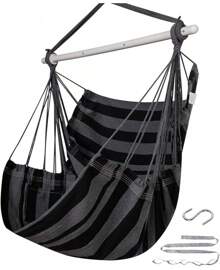 Hammock Chair Swing (500 Lbs Max) - Hanging Hammock Chair Rope Swing Indoor Hammock Chair,Outdoor Furniture,Swing Chair For Room,Amaca Para Adultos,Hamacas Para Adultos,Columpio Para Patio,Swing Sets Backyard, Patio Furniture Set For Bedroom, Outdoor, Patio, Bedroom, Porch, Deck - Sturdy Steel Bar With Anti-Slip Safety Rings - B Black and Grey - View 3