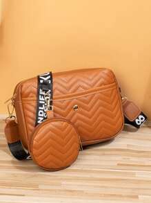New Design 2pcs/Set Women Shoulder Bag With Wide Strap, Printed Small Square Bag With Fashionable Wave Embroidery, Crossbody Bag With Coin Purse