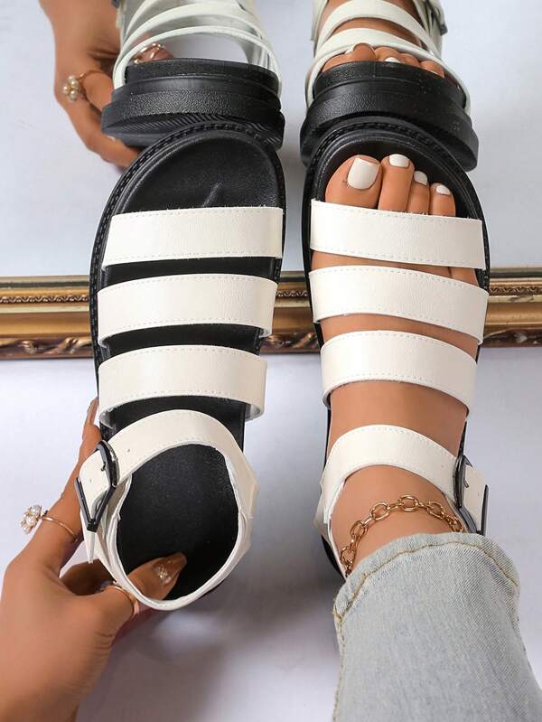 Sandalias de cuña de plataforma de unicolor para mujer, sandalias de verano casuales con hebilla, sandalias abiertas cómodas, sandalias planas romanas para mujer, sandalias de unicolor con correa cruzada abierta y antideslizante
