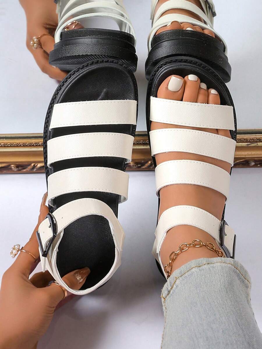 Sandalias de cuña de plataforma de unicolor para mujer, sandalias de verano casuales con hebilla, sandalias abiertas cómodas, sandalias planas romanas para mujer, sandalias de unicolor con correa cruzada abierta y antideslizante