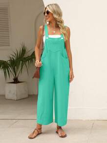 Women's Summer Cotton Linen Bib Bodysuit Loose Sleeveless Adjustable Wide Leg Jumpsuit - Màu xanh Ô liu - Xem 3