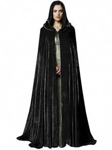 Black Witch Velvet Cloak Halloween Hooded Cape Queen King Robe Outfit Renaissance Medieval Costume Halloween Velvet Cloak Cape With Hood Hooded Cloaks - màu đen - Xem 2