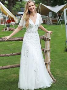 浪漫深V领薄纱花卉亮片短袖婚纱，白色新娘礼服，适合夏季婚礼仪式 - 白色 - 查看 1