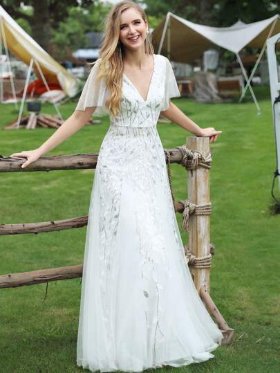 EVERPRETTY Romantyczna Głęboka Dekolt w Serek Przezroczysty Kwiatowy Cekin Krótkie Rękawy Suknia Ślubna Biała Sukienka Dla Panny Młodej Letnia Ceremonia Ślubna