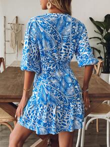 Women's Tropical Floral Print V-Neck Lantern Sleeve Vacation Dress - 藍色 - 查看 5