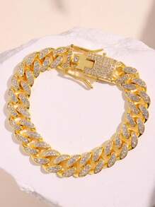 1 件时尚嘻哈金色金属手链，带水晶水钻，适合男士 - 金色 - 查看 2