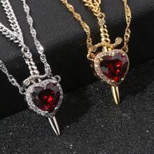 2 Pcs Gothic Punk One Arrow Through The Heart Creative Two Color Couple Necklace Red Rhinestone Heart Necklace Friend Birthday Gift