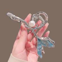 1 pieza Pinza de pelo de metal con estilo de cola de sirena color azul para mujeres, con perla y pinza de pelo, accesorio elegante para recogido