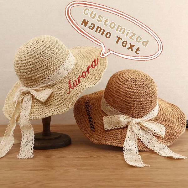 1pc Customized Personalized Name Signature Lace Tie-Up Beach Hat, Lightweight Breathable Summer Sun Hat, UV Protection, Wide Brim, Ladies Vacation Hat,Durable,Engraved,Colorful,Cute,Adorable,Funny,Kawaii,Y2K,Stylish,Unisex,Casual,Custom,Personalized,Unique,Customized,Ideal Gifts For Him,Ideal Gifts For Her,Her,Boyfriend,Girlfriend,Family,Friends,For Anniversaries,For Valentine's Day,For Mother's Day,For Birthdays,For Children's Day,For Father's Day,For Graduation,For Weddings,For Housewarming