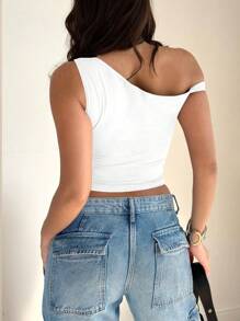 女士纯色简约休闲斜肩短袖上衣 - 彩色 - 查看 3