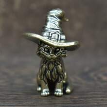 1 pièce Statue de sorcière en laiton vintage, sculpture miniature en métal massif de chat, figurine décorative d'animal, accessoire à thé en cuivre antique, artisanat de collection, décoration de maison et de chambre, ornement de table pour le salon ou la chambre à coucher, pour Halloween