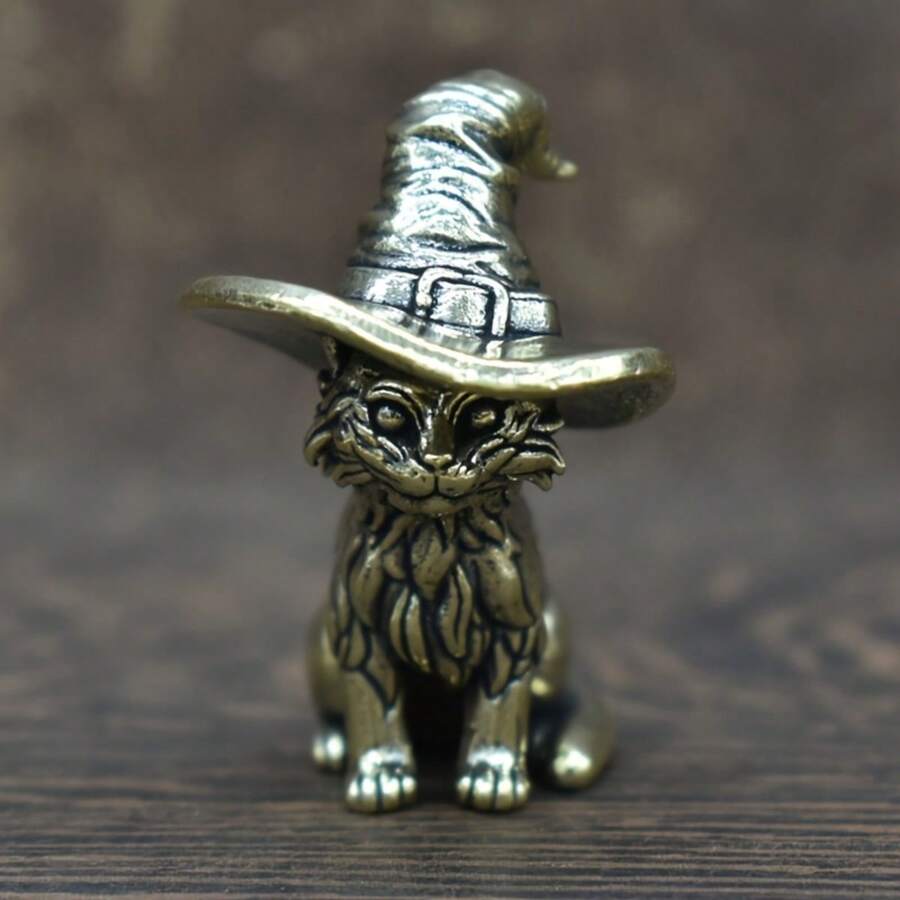 1 pièce Statue de sorcière en laiton vintage, sculpture miniature en métal massif de chat, figurine décorative d'animal, accessoire à thé en cuivre antique, artisanat de collection, décoration de maison et de chambre, ornement de table pour le salon ou la chambre à coucher, pour Halloween