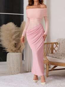 Plus Size Women Solid Color Off Shoulder Mesh Hollow Out Long Sexy Bodycon Dress, Autumn