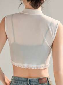 1 pieza Top corto de mujer con cuello alto, recorte de encaje de malla y sin mangas, estilo elegante adecuado para primavera, verano, otoño, invierno