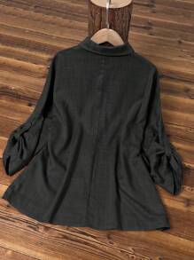 女士休闲亚麻纯色卷袖纽扣长袖衬衫