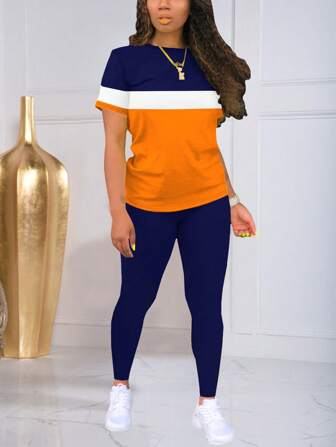 Color Block Printed Short Sleeve Top And Leggings Sports Set