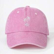 1pc Embroidered Coconut Tree Washed Baseball Cap, Adjustable Outdoor Sun Protection Casual Hat For Spring/Autumn Travel Beach Vacation Women, Y2K Style