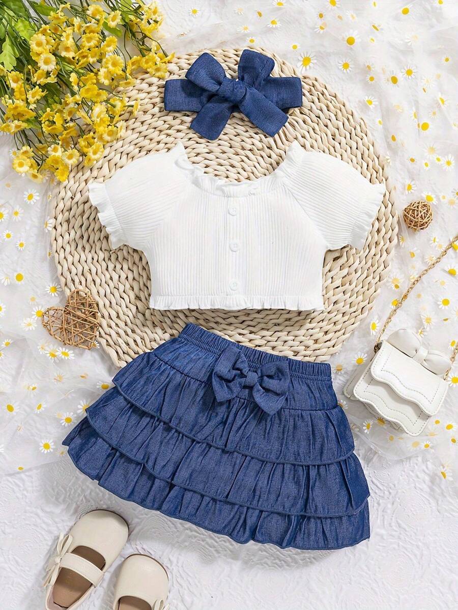 2 件套女婴时尚优雅甜美节日派对表演欧式蝴蝶结泡泡袖短款上衣和蛋糕裙（带发带） - 藍白色 - 查看 1