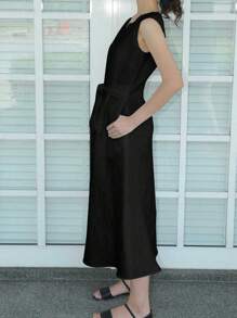 Women Long Dress Solid Color V-Neck Waistband Sleeveless Dress Summer Slit Hem Fashion Casual Dress - màu đen - Xem 2