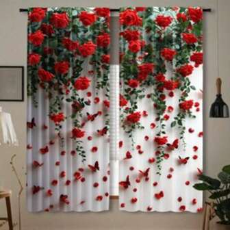 2pcs Elegant & Romantic Red Rose 3D Digital Printing Curtain Fabric, Suitable For Living Room, Bedroom, Balcony, Study And Other Occasions