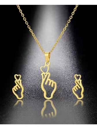 3pcs European And American Fashion Simple Stainless Steel Heart Gesture Earrings Pendant Chain Set For Women's Daily Accessories