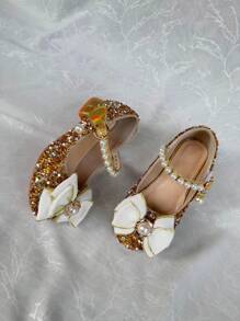 Girls Fancy High Heel Shoes, Crystal Rhinestones Embellished Upper, Butterfly Pearl Decor, Suitable For Romantic, Elegant And Noble Occasions Like Weddings, Galas, All Seasons - Gold - View 7
