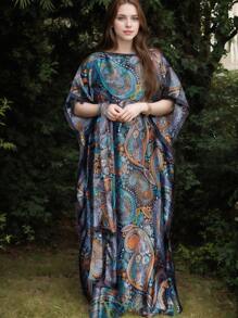 1 Set Women Vintage Multicolor Satin Soft Breathable Printed Scarf And Long Robe, Versatile For Casual, Warm, Elegant Outings, Beach, Sun Protection, Modest Kaftan