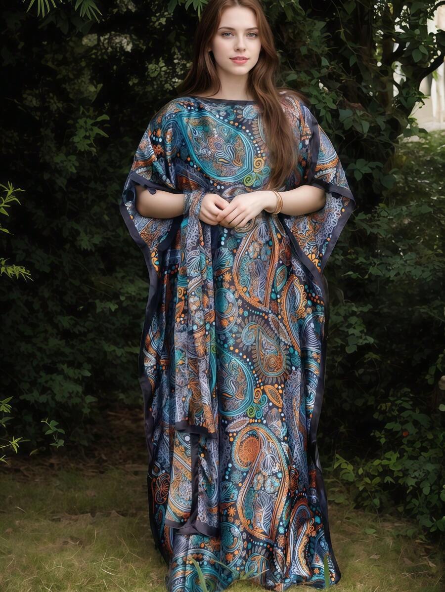 1 Set Women Vintage Multicolor Satin Soft Breathable Printed Scarf And Long Robe, Versatile For Casual, Warm, Elegant Outings, Beach, Sun Protection, Modest Kaftan