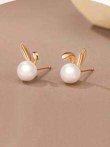 2 Pieces Of Simple Personalized Cute Playful Rabbit Faux Pearl Earrings Earrings Stud Female