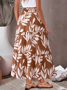 Women Full Floral Print Midi Maxi Skirt Summer Casual Elastic High Waist Pleated A-Line Flowy Boho Bohemian Long Skirt Pockets Spring Holiday Vacation Beach Going Out Valentine Outfit - 卡其色樹葉 - 查看 2