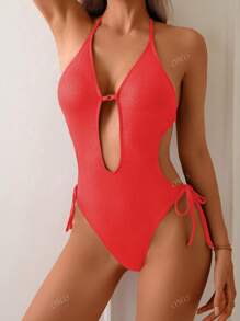 Maillot de bain une-pièce sexy, élégant et chic de mode française romantique pour vacances à la plage, pour femmes, couleur rouge