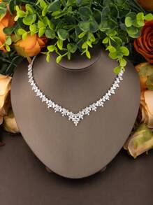 1 Set Elegant CZ Inlaid Jewelry Set For Women, Suitable For Wedding Party, Including 1 Pair Earrings, 1 Necklace, 1 Bracelet, 1 Ring, No Gift Box - Silver 01 - View 3