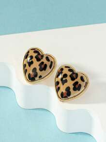 1 Pair Fashionable Minimalist Heart Shape Leopard Print Earrings For Women, Suitable For Daily Wear - Multicolor - View 2