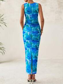Women Elegant Floral Print Bodycon Mesh Maxi Dresses Summer Tie Dye Sleeveless Ruched Back Slit Long Dress Party Cocktail Wedding Guest Evening Night Out Formal Dress - 藍綠色花 - 查看 2