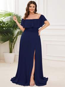 EVERPRETTY Plus Size Elegant Solid Color Off Shoulder Split Bridesmaid Dress - Navy Blue - View 4