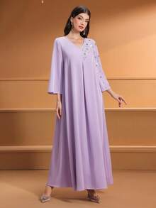 Women's V-Neck Solid Color Handmade Beaded Elegant Long Arabic Style Dress,Modest - Light Purple - View 7