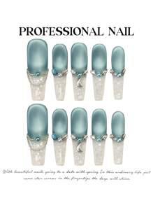 10 Peças Unhas Postiças Estileto Super Longas Ombré Glacial Francesas Fosca com Decoração de Cristal de Strass, Suprimentos de Unhas