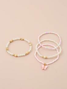 Set de 4 piezas de tobilleras para niñas con perlas cultivadas, perlas de semilla, y diseños de mariposa y corazón - Multicolor - Ver 6
