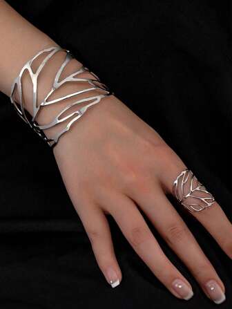 1 件金属叶设计手链 + 1 件戒指套装，简约时尚百搭，适合女性聚会/礼物