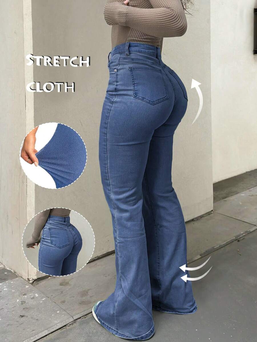 Bootcut Women Jeans Solid Color High Slim Fit Waist Stretch Casual Versatile - 中等水洗藍 - 查看 1