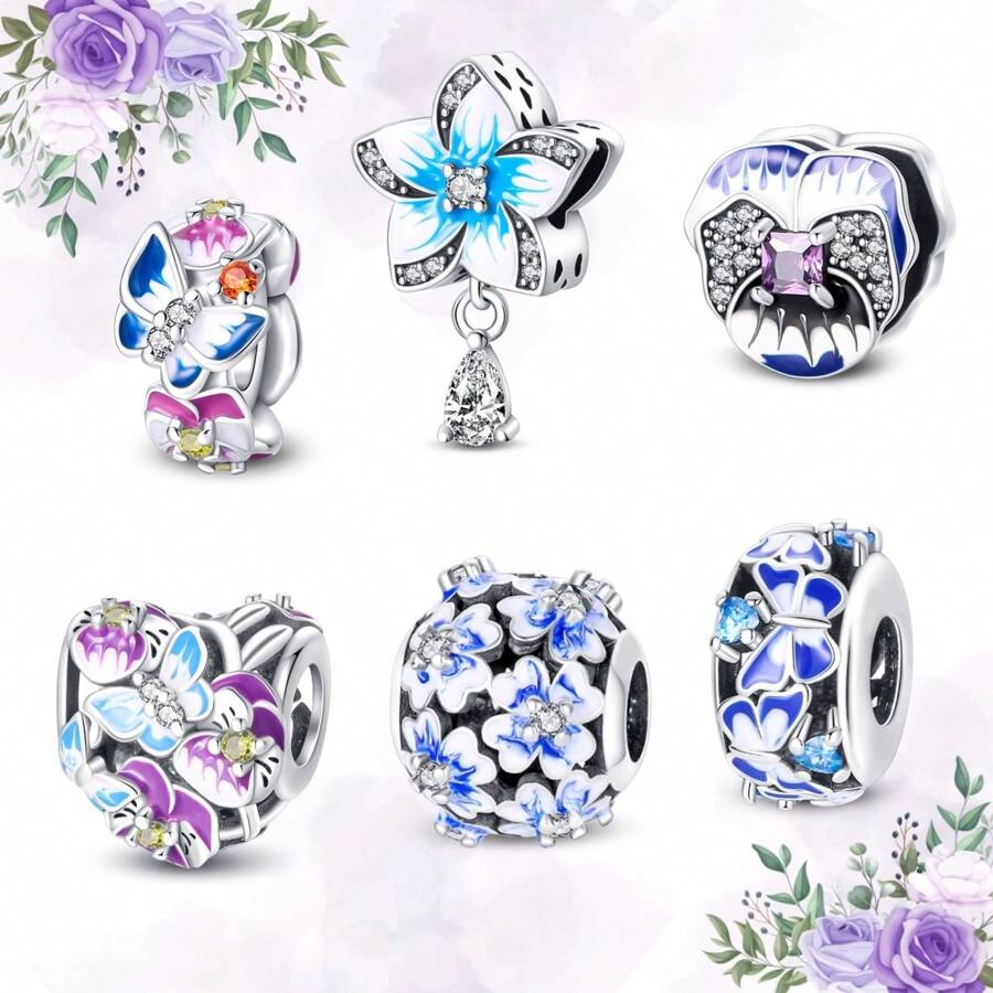 1pc 925 Silver Plated Romantic Garden Collection Blue Flowers Purple Butterfly Charm Blue Flowers Butterfly Gradient Color Beads For Women Bracelet Keychain Necklace Beads Suitable For DIY Jewelry Making Women Jewelry Daily Wear Gift For Girlfriend - heartPAC589 - View 1