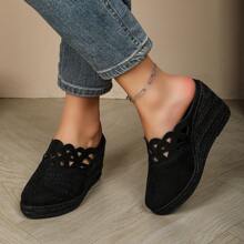 天鹅绒激光透气时尚轻便休闲坡跟草编女鞋 - 全黑色 - 查看 6