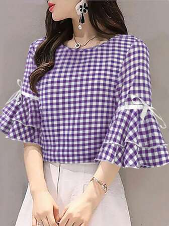 圆领中长袖系腰格子衬衫，休闲日常穿着