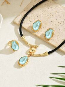 1 套奢华优雅巴洛克金属黑绳项链、戒指、耳环首饰套装、女士时尚派对婚礼搭配、多功能母亲节礼物创意、首饰套装 - 套裝 - 查看 4