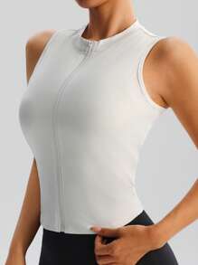Chaleco ajustado de mujer con cremallera frontal, top deportivo para yoga y tenis de cuello alto y transpirable