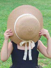1 件装新款儿童草帽，夏季防晒，可爱卡通渔夫帽，适合户外海滩 - 蕾絲飄帶草帽 - 查看 2